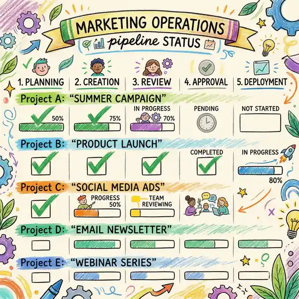 Marketing operations dashboard showing real-time pipeline status with green checkmarks and progress indicators