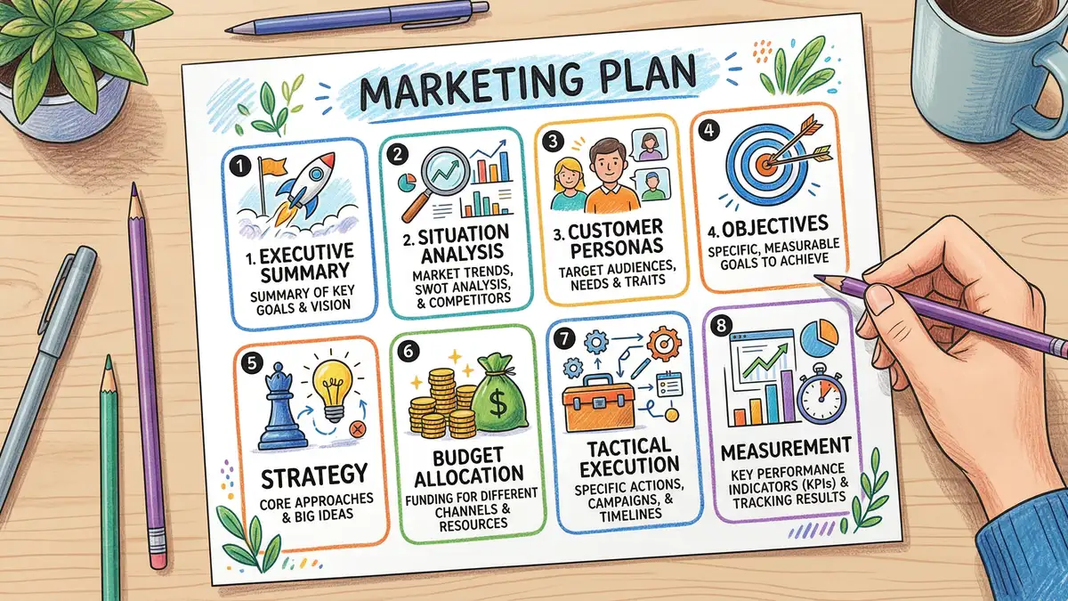 Marketing plan template layout showing eight core sections from executive summary through measurement, each with icons and structure guidance