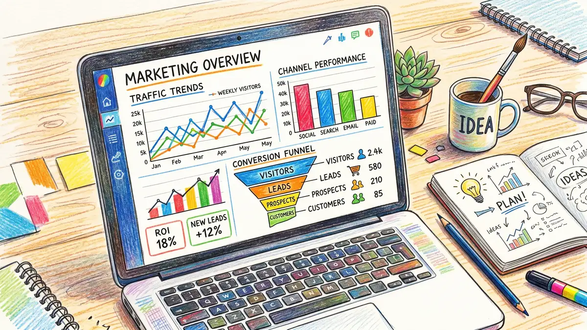 Marketing dashboard on laptop screen showing line graphs, bar charts, and conversion funnel for channel performance tracking