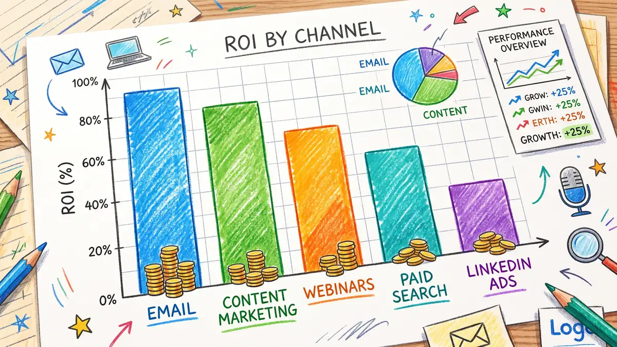 Bar chart comparing marketing ROI benchmarks across six channels: email marketing, content and SEO, paid search, LinkedIn ads, events and webinars, showing return per pound spent