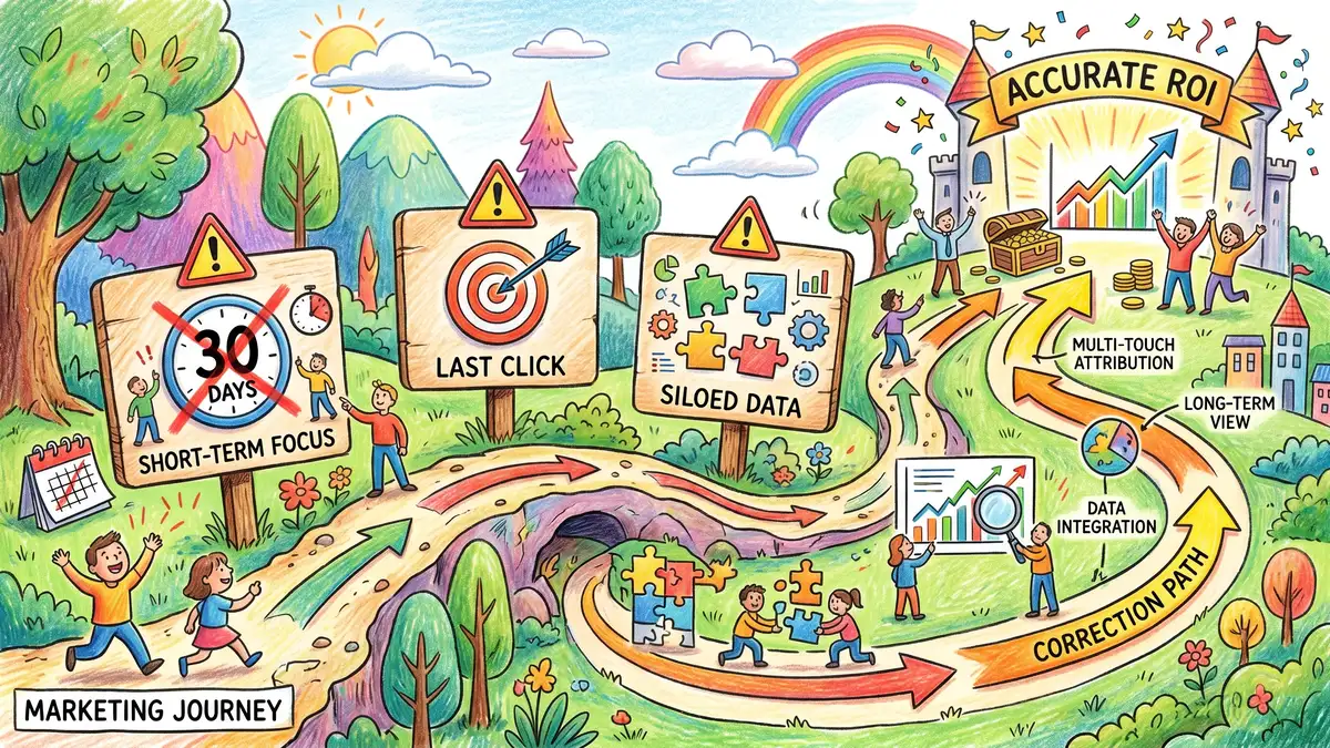 Illustration of common marketing ROI measurement mistakes including attribution window errors, last-click bias, and siloed data problems with correction arrows