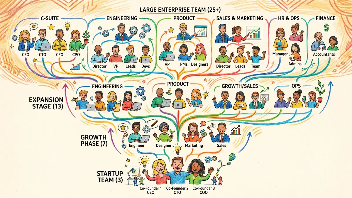 Marketing team org chart showing hierarchical structure from CMO through department heads to individual contributors
