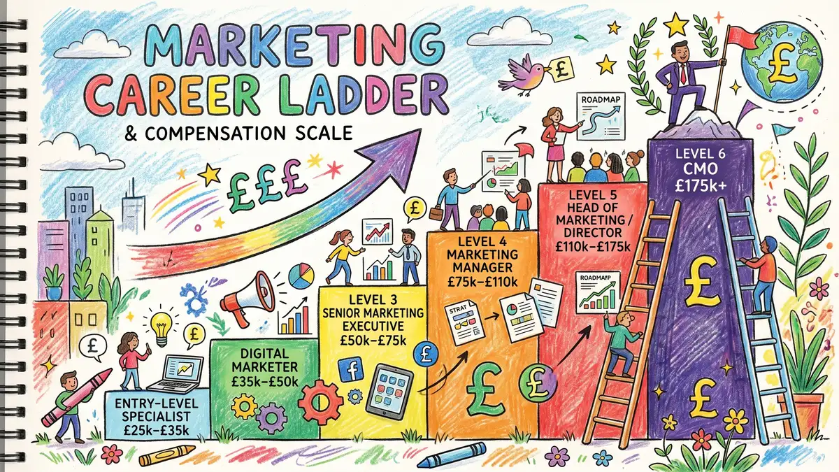 UK marketing salary ladder showing compensation ranges from entry-level specialist to CMO with British pound symbols