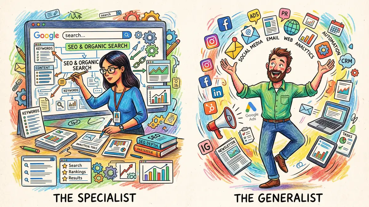 Marketing specialist focused on single channel depth compared to generalist managing multiple marketing disciplines