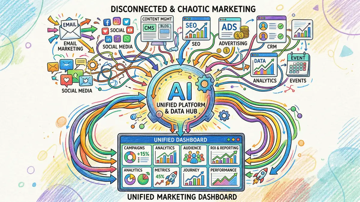 AI platform consolidating multiple disconnected marketing tools into a single unified dashboard with centralised data flow