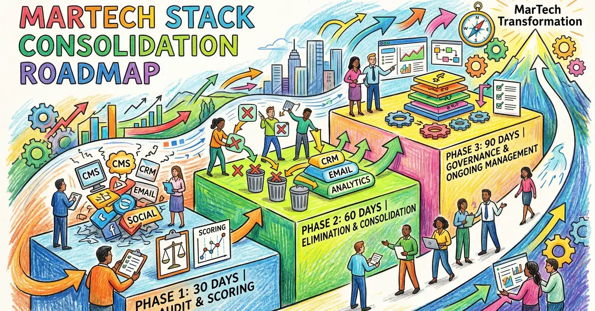 Strategic roadmap showing a 30-60-90 day MarTech stack consolidation plan from audit through implementation to governance