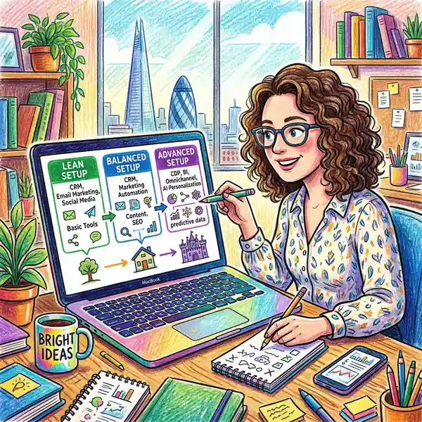 Business person reviewing three MarTech stack configuration options comparing lean, balanced, and AI-forward approaches on a laptop