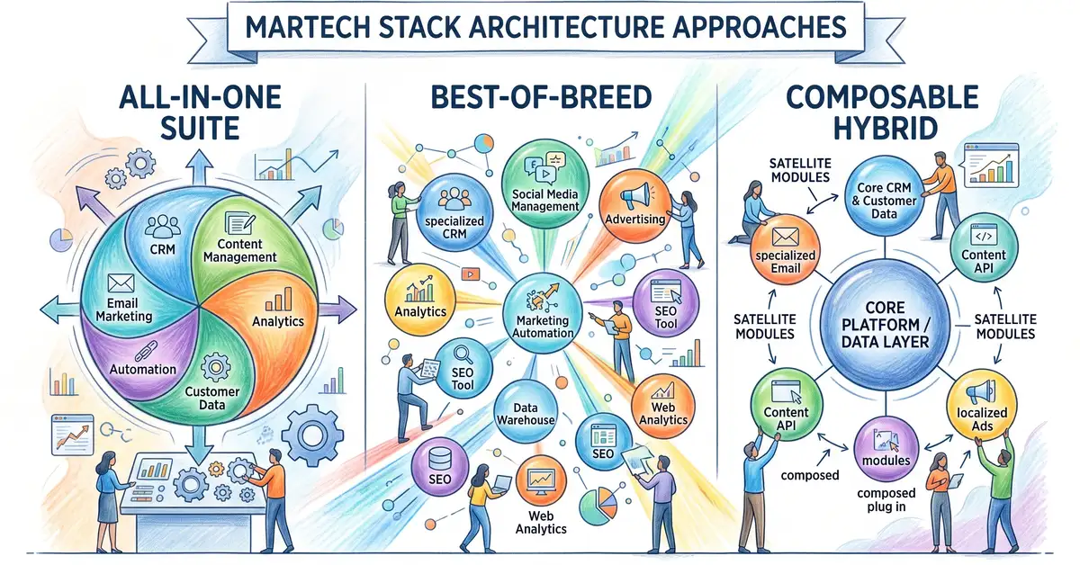 Infographic comparing total cost of ownership across suite, best-of-breed, and composable hybrid MarTech stack architectures for mid-market B2B companies