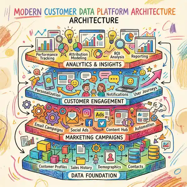 Four-layer MarTech stack architecture diagram showing CRM data foundation, marketing execution, customer engagement, and analytics layers