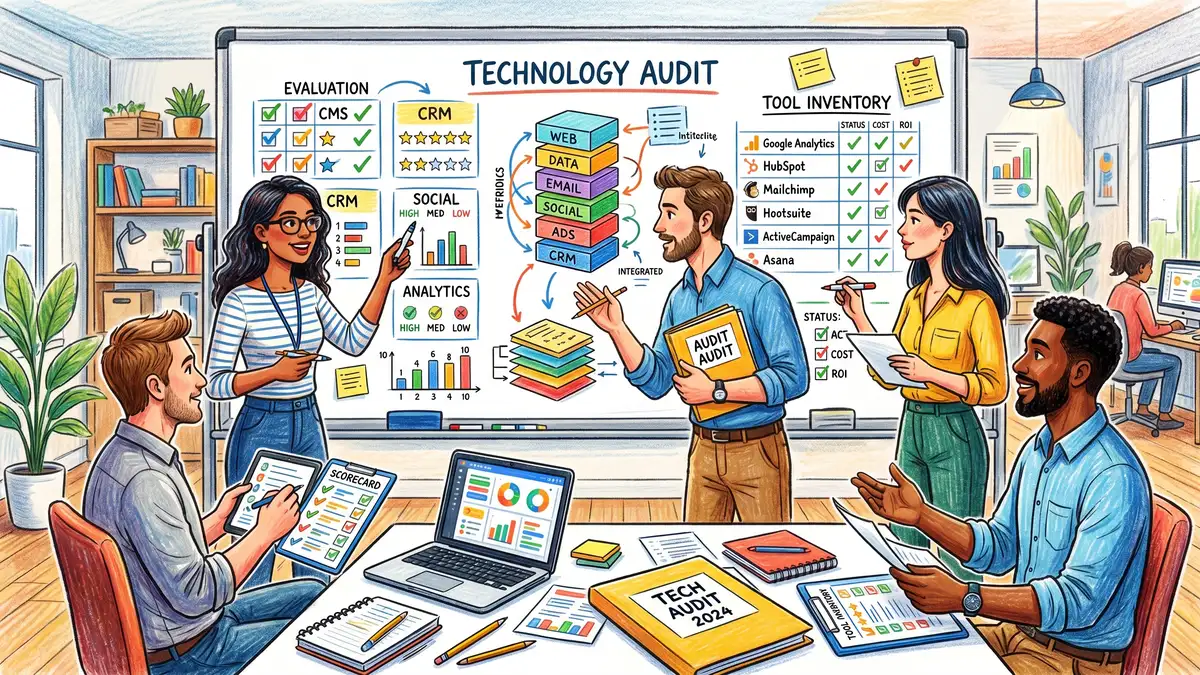 Illustration of a marketing team conducting a structured MarTech stack audit with scorecards and evaluation criteria