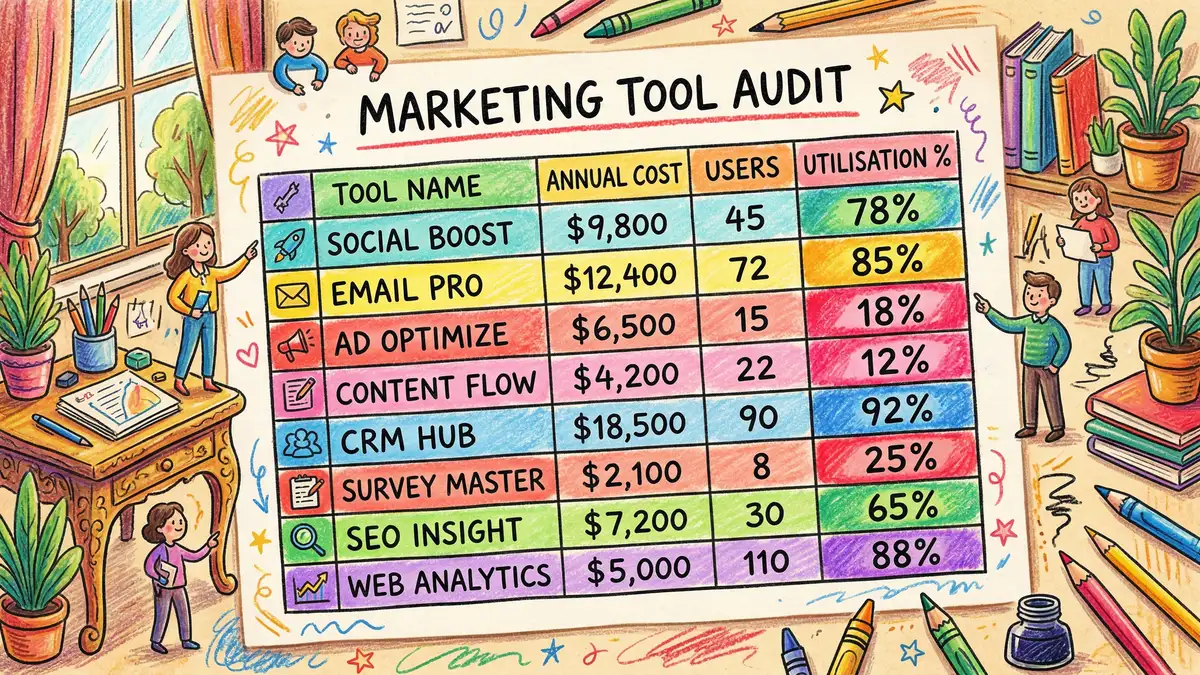 Marketing technology stack audit spreadsheet showing tool costs, user counts, and utilisation rates with low-usage tools highlighted