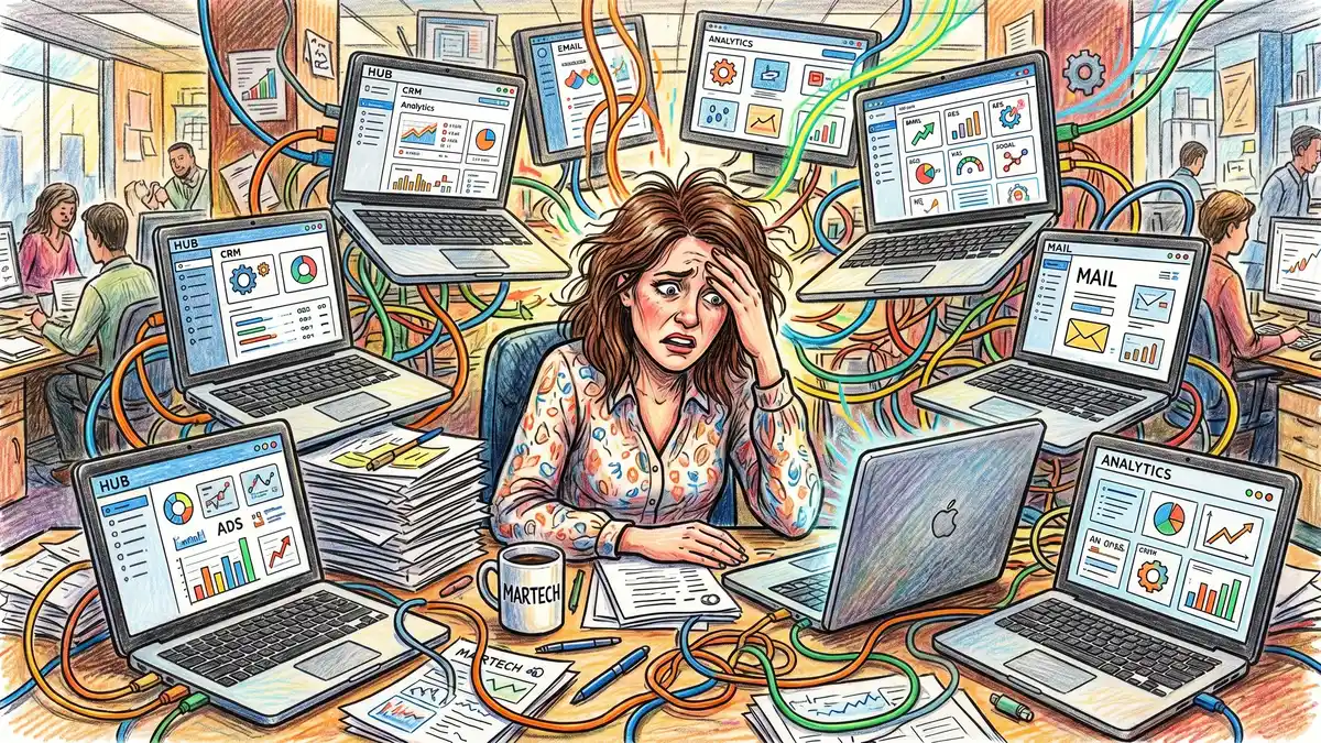 Illustration of a frustrated marketing operations manager surrounded by disconnected software tools and tangled data flows