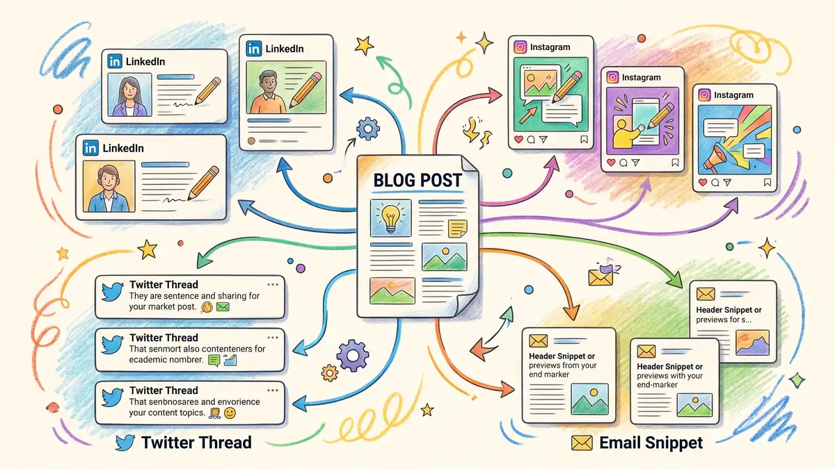 Multi-channel content calendar showing how one blog post atomises into LinkedIn posts, email snippets, Twitter threads, and Instagram cards through content atomisation