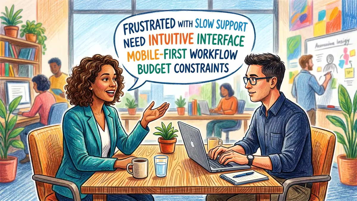 Customer interview for buyer persona research with business professional taking notes during conversation