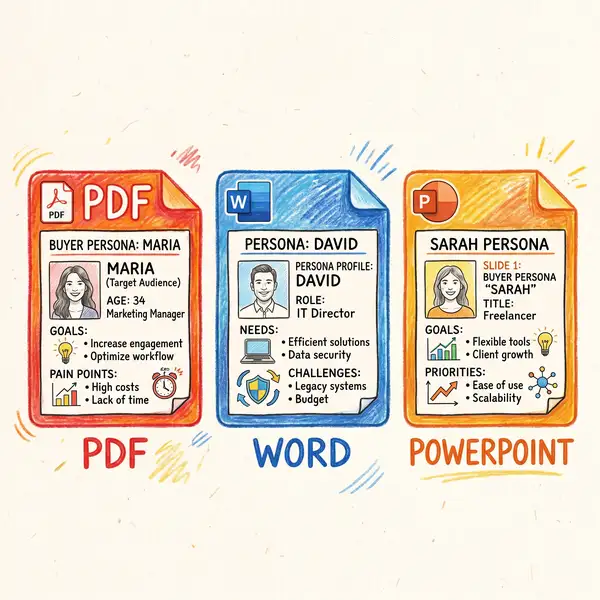 Three buyer persona template formats showing PDF Word document and PowerPoint side by side