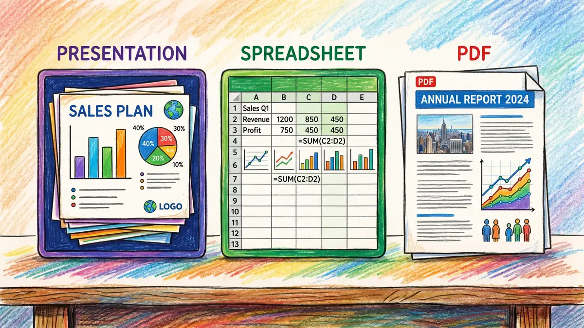 Three marketing report formats side by side showing presentation slide deck, Excel spreadsheet dashboard, and formal PDF report