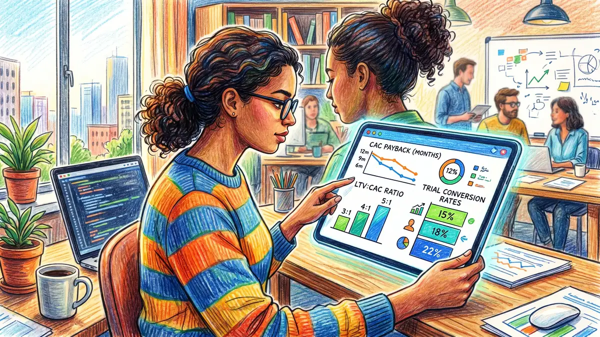 Marketer reviewing SaaS performance benchmarks on a tablet showing CAC payback and LTV ratio charts