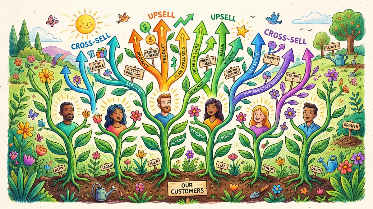 Customer expansion revenue concept showing existing customers growing upward like plants with upsell branches extending