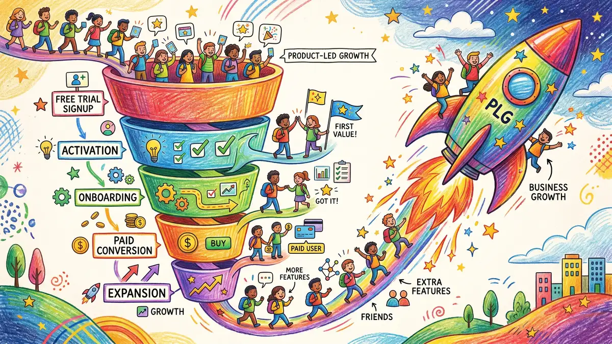 Product-led growth funnel showing users flowing from free trial signup through activation to paid conversion and expansion