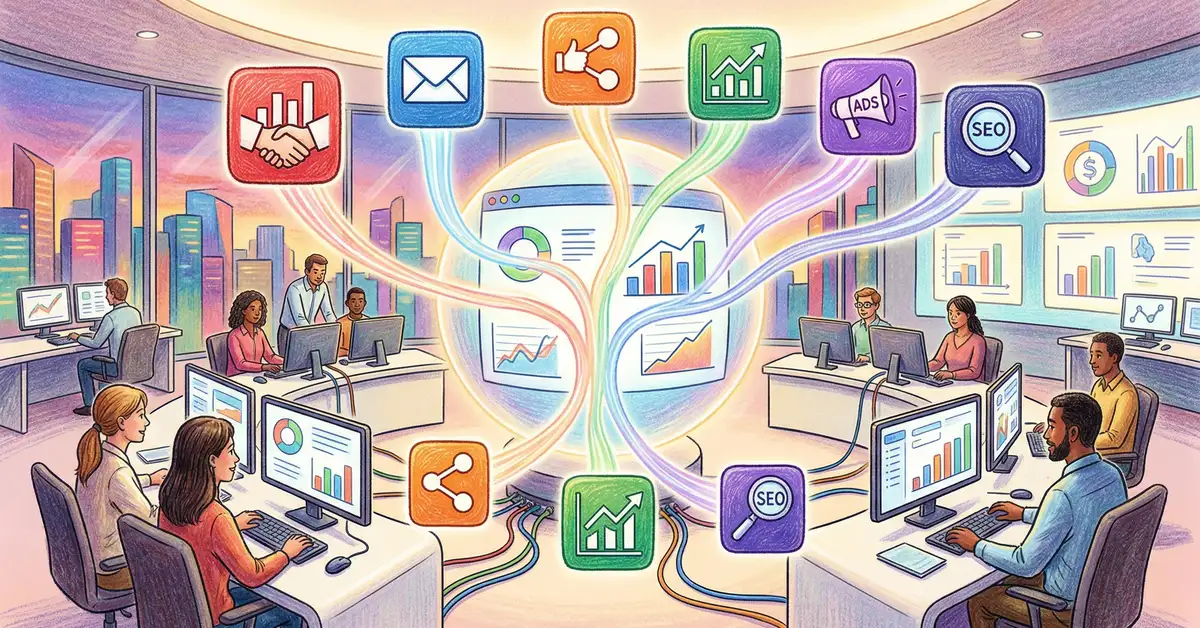 Marketing stack unification — 12 tools converging into one unified dashboard