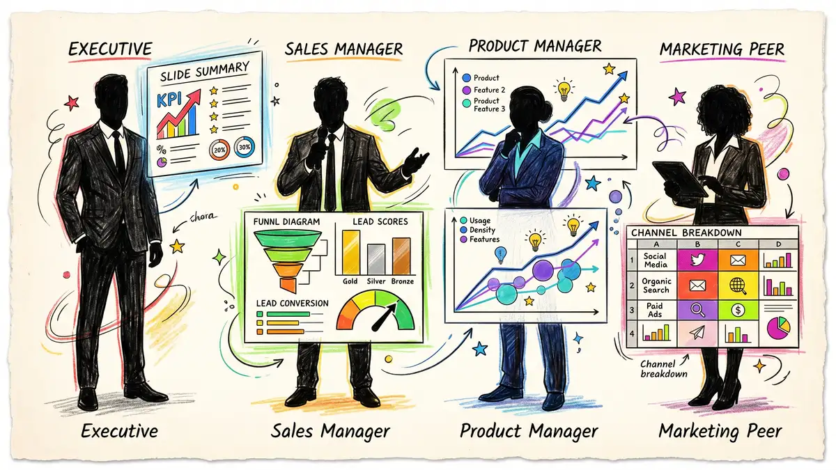 Four business professionals each with a different report style showing executive summary slides, sales dashboard, product metrics chart, and channel breakdown spreadsheet