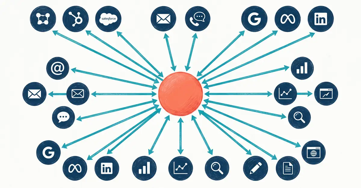 Diagram showing Marketing Mary workflow integration connecting CRM, email, ads, analytics and content tools through a single hub