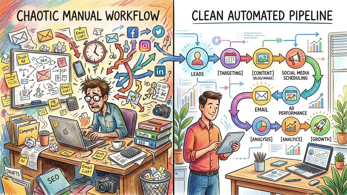 Split screen showing manual marketing workflow with scattered tools on left versus automated pipeline flowing seamlessly on right