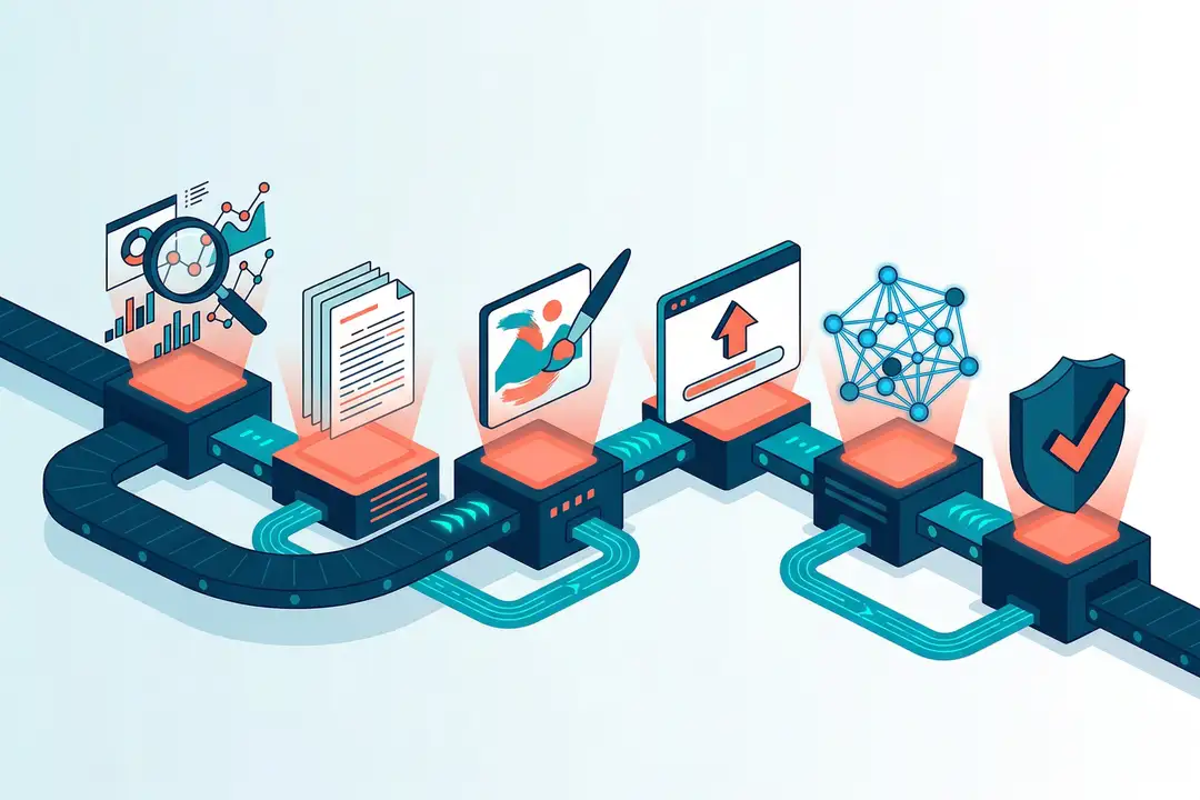 Six automated content pipeline stages — research, writing, image generation, CMS publishing, schema linking, and verification