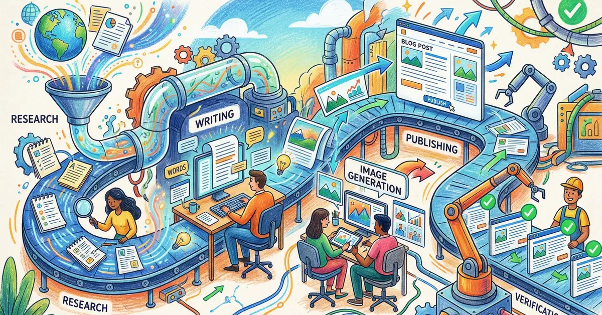Automated content creation pipeline showing research flowing into writing, images generated, articles published with verification checkmarks